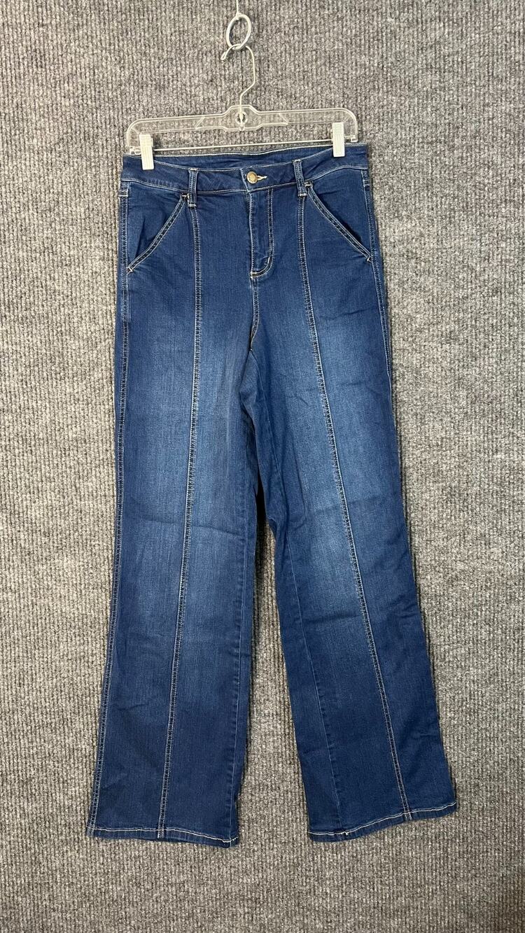 Belle Kim Gravel Jeans Women 8 Tall Blue Dark Wash Wide Leg Seamed Hi Rise Denim